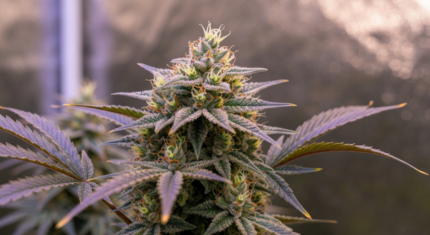Macro photo of resinous cannabis buds on the plant under LED grow lights, showing trichomes and amber pistils.