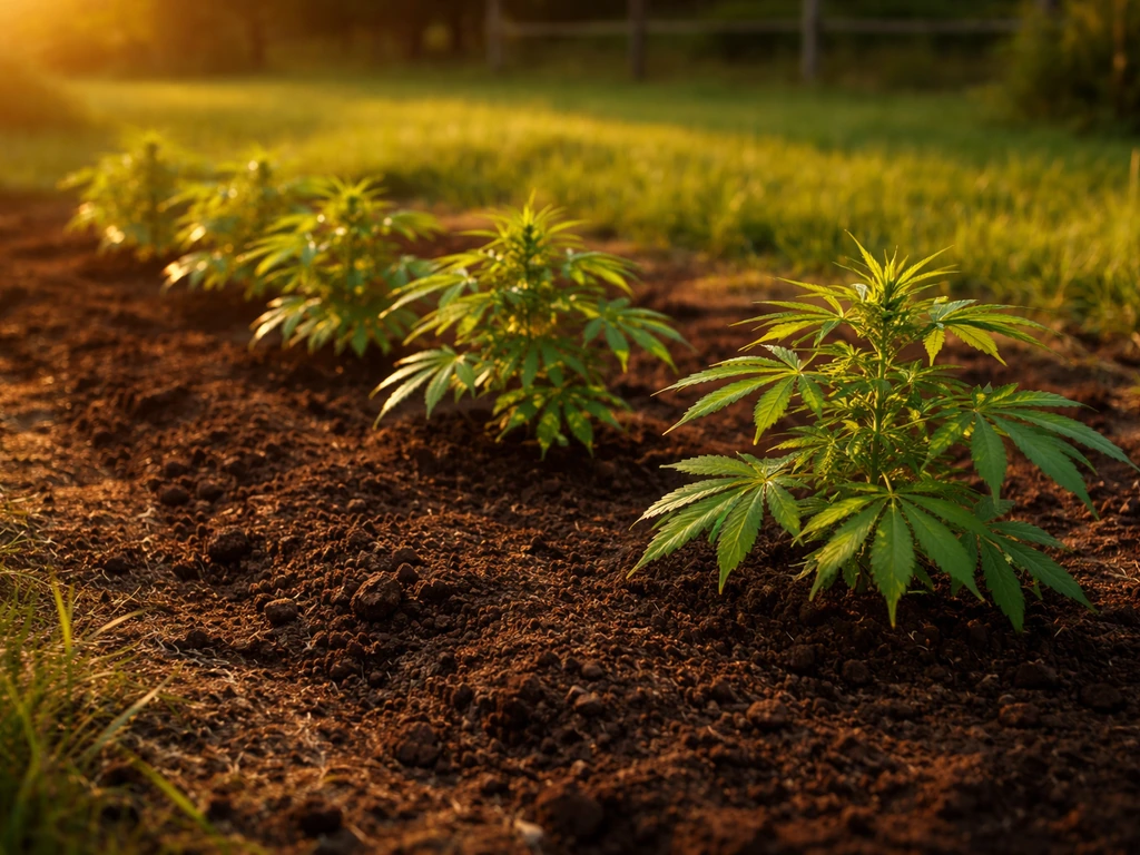 Golden-hour sunlight on small photoperiod cannabis plants growing outdoors in a simple garden bed.