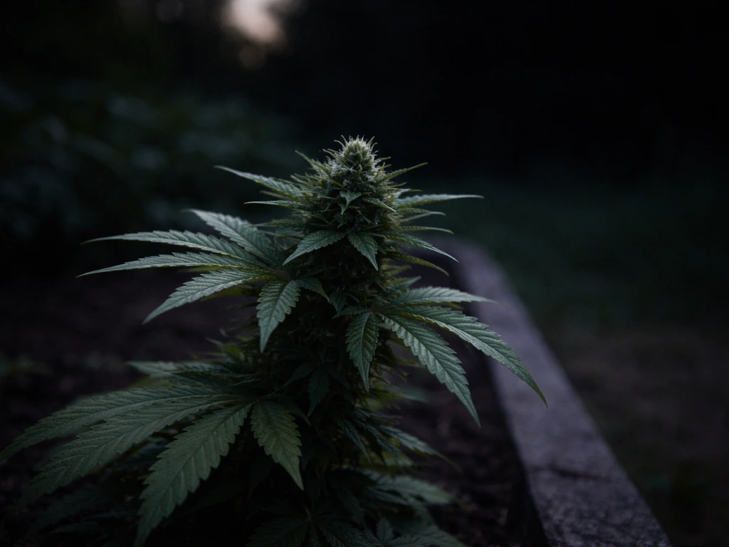Close-up of an outdoor cannabis plant at twilight, with a background shift toward deep darkness to suggest photoperiod n