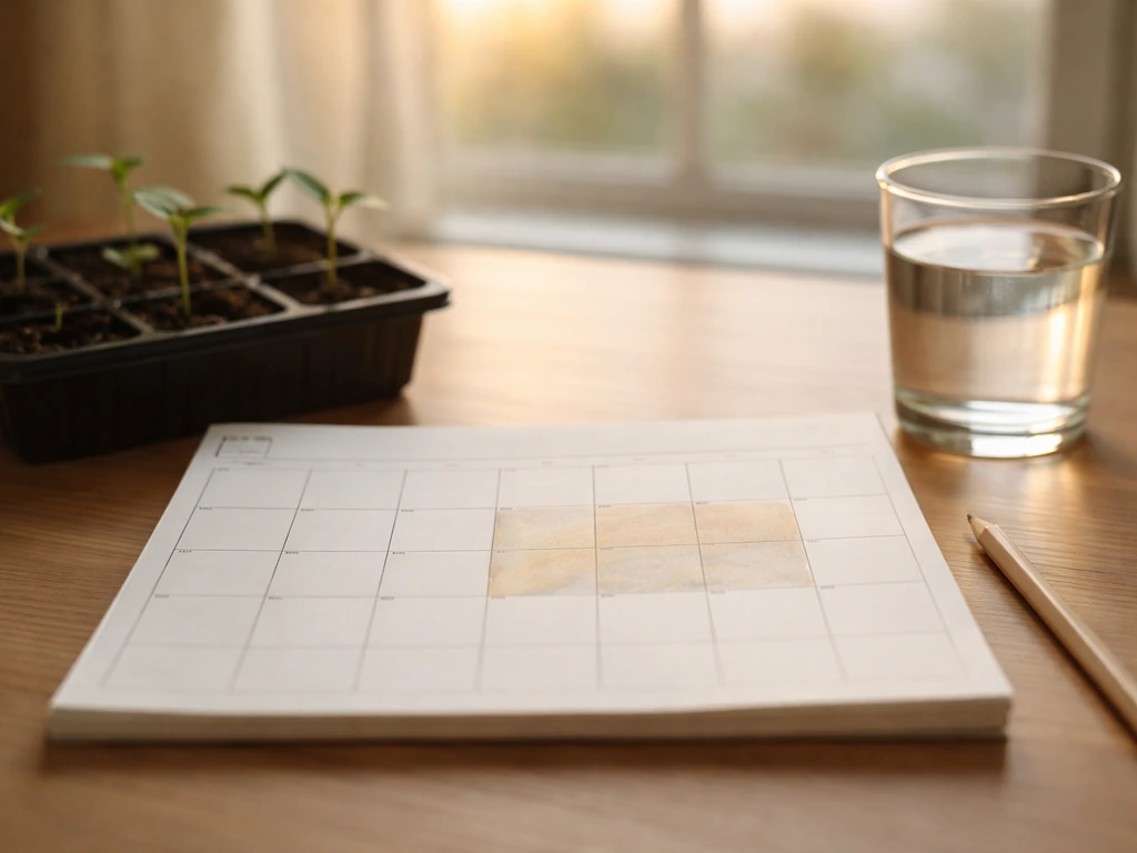 Minimal outdoor grow timing scene with a simple calendar page and shaded window for starting germination/veg