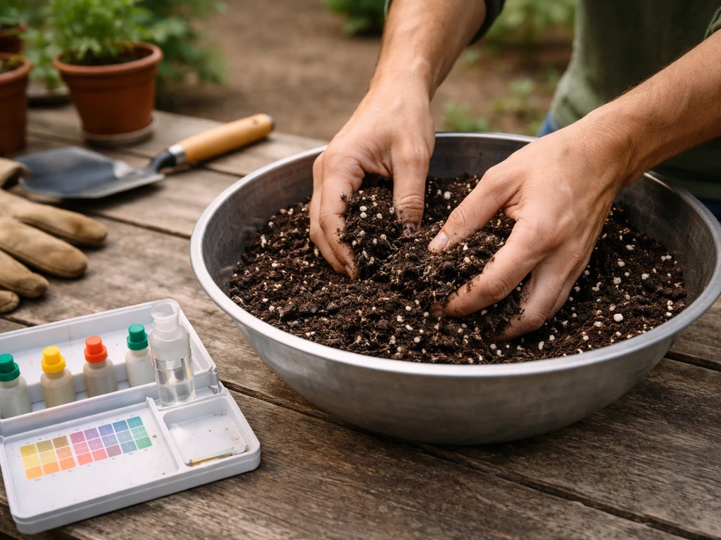 Hands preparing a small batch of well-draining soil mix outdoors with a simple soil test kit nearby