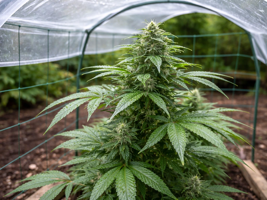 Outdoor flowering plant under a simple rain shelter with airy support for airflow against humidity and mildew.