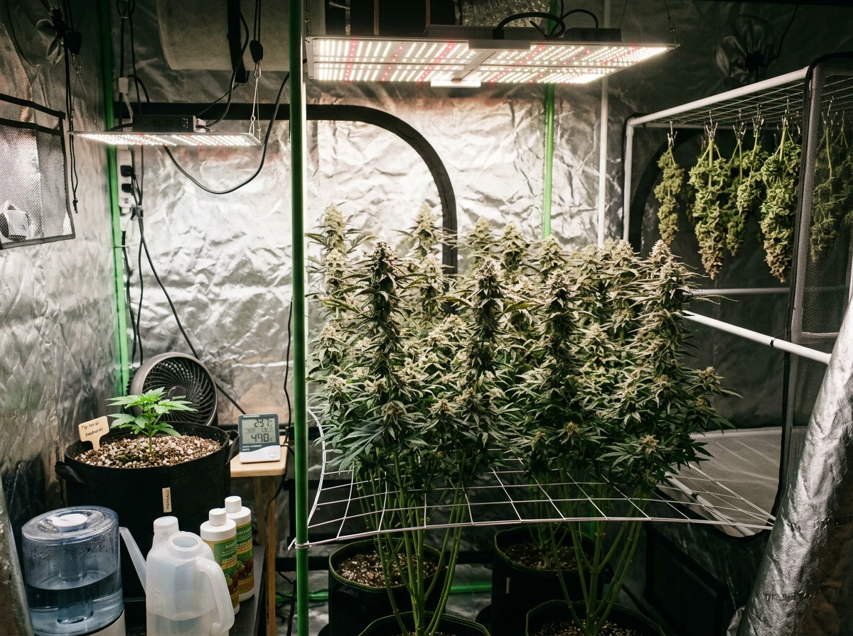 Full grow setup showing seed-to-harvest journey indoors