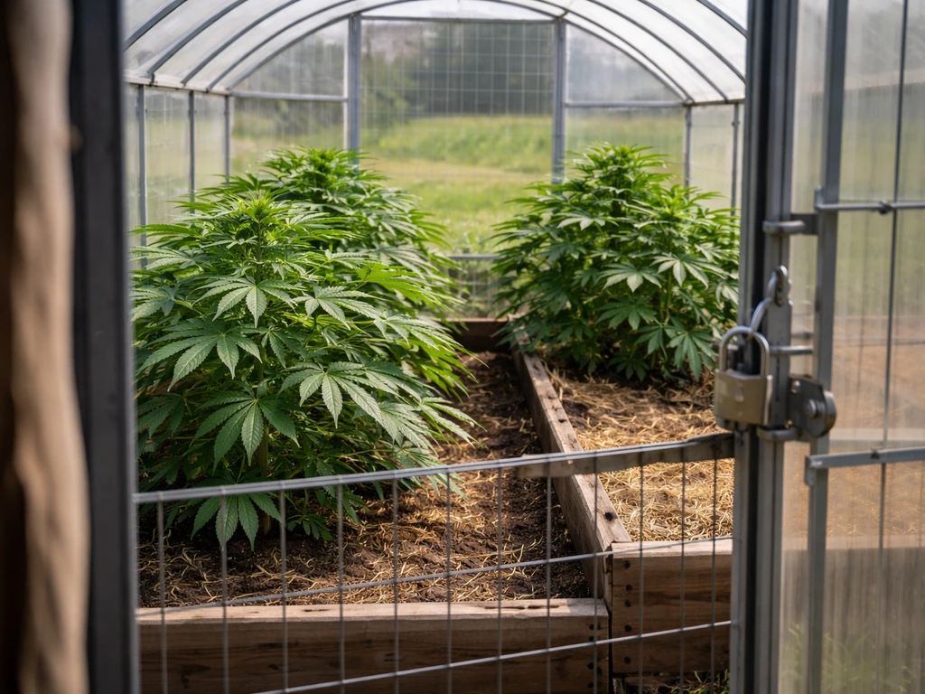 Locked outdoor greenhouse enclosure with cannabis plants in raised soil beds under natural light.