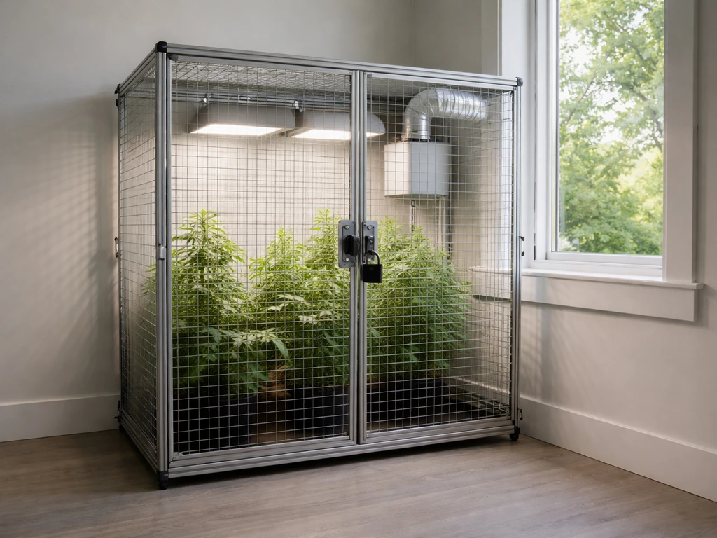 Locked indoor grow cage in an enclosed, secured space with ventilation and outdoor light visible.