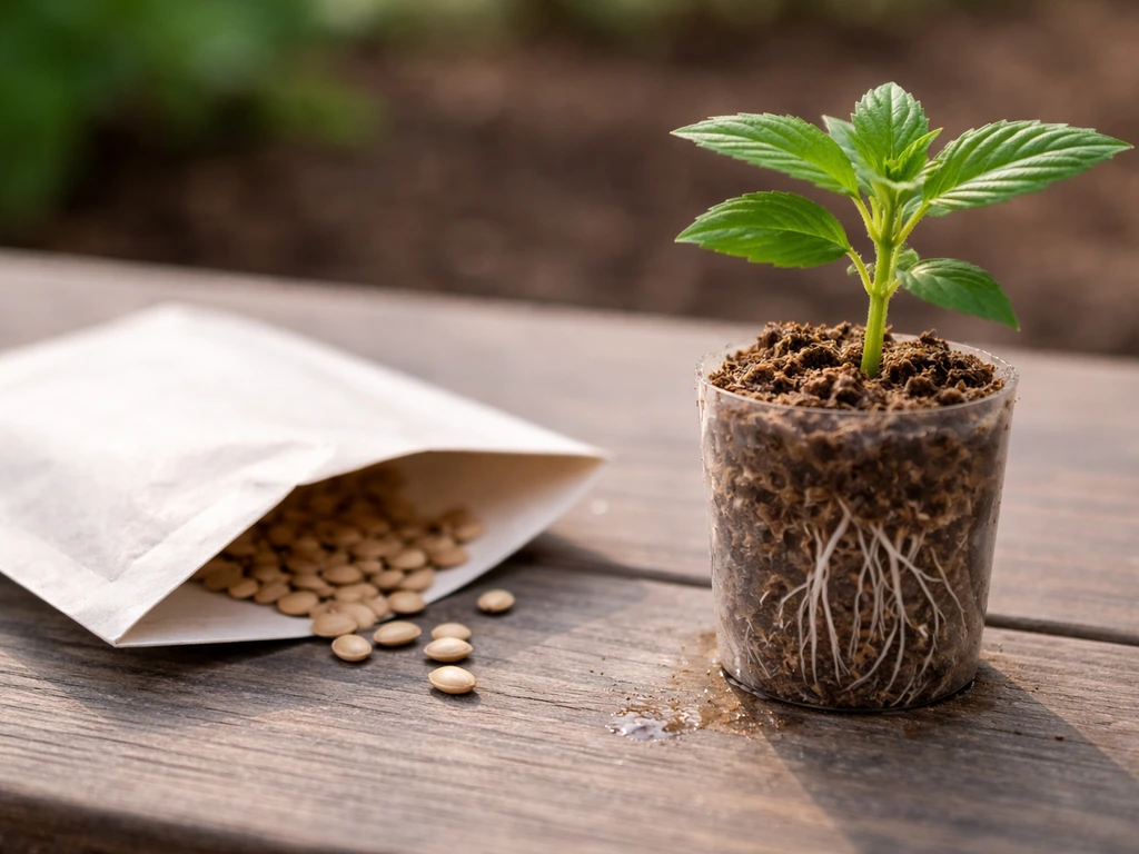 Close-up of seed packet and rooted plant cutting in starter medium, contrasting seeds vs clones outdoors.