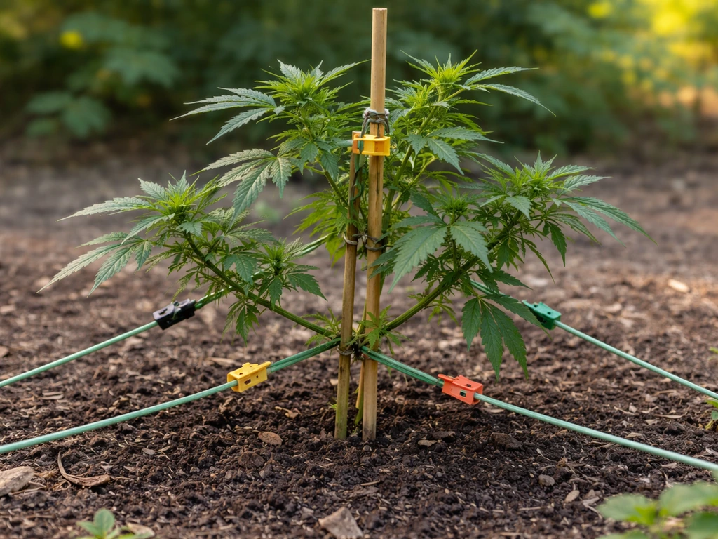 Outdoor cannabis plant with branches gently spread using soft ties and binder clips on a garden stake