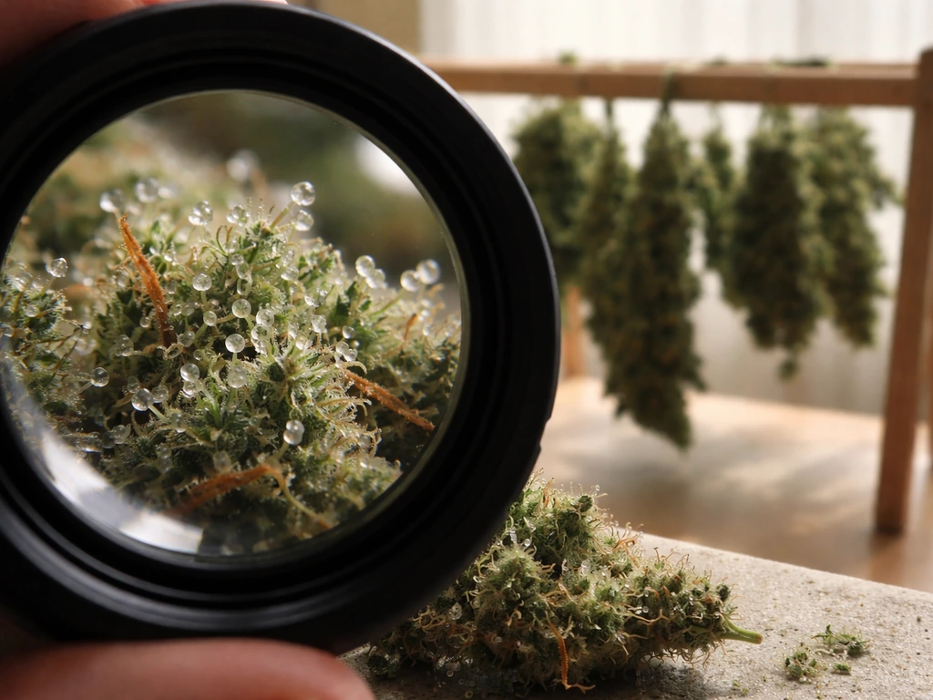 Close-up trichomes under a jeweler’s loupe with a simple drying rack and harvested branches nearby