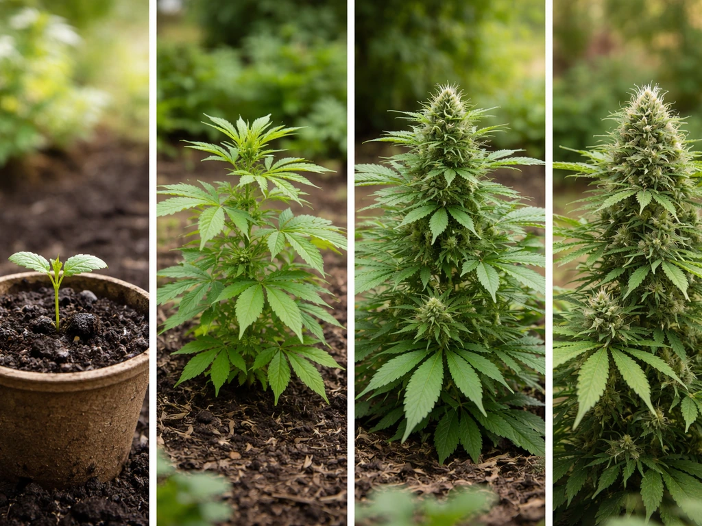 Outdoor cannabis grow cycle steps from seedling to flowering to mature buds in a simple garden setting.