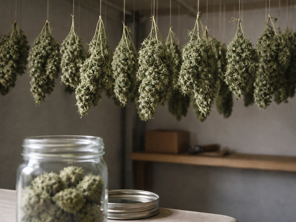Cannabis branches hanging to dry with a small jar of trimmed buds nearby for curing.