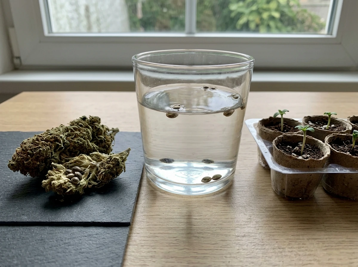 Tabletop scene showing bud with seeds, float test glass, and fresh cannabis seedlings in cups