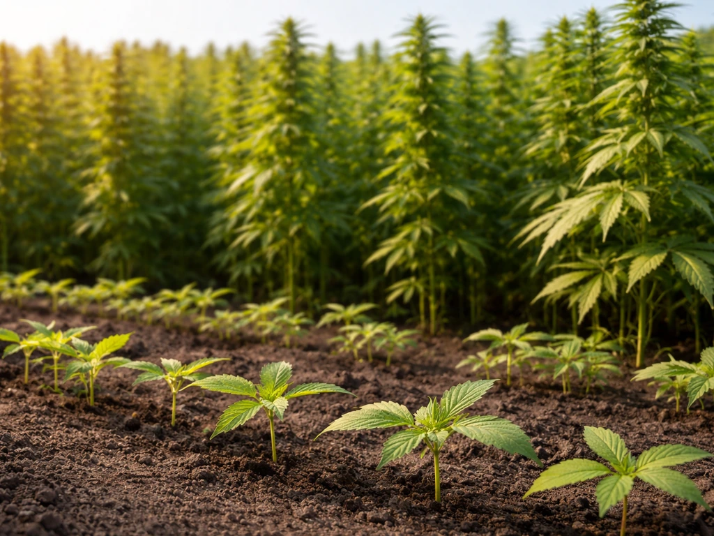 Sunlit industrial hemp field showing early seedlings and taller stalks toward harvest