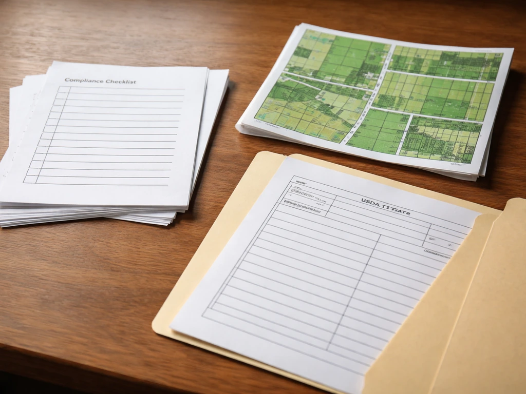 Close-up of compliance paperwork beside a grow plot map and a license folder for pre-plant registration.