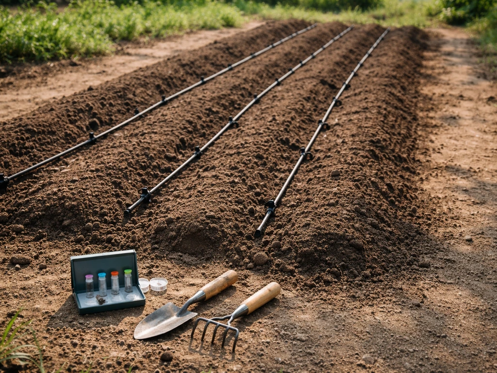 Outdoor hemp planting bed with drip irrigation and nearby soil-test kit and garden tools