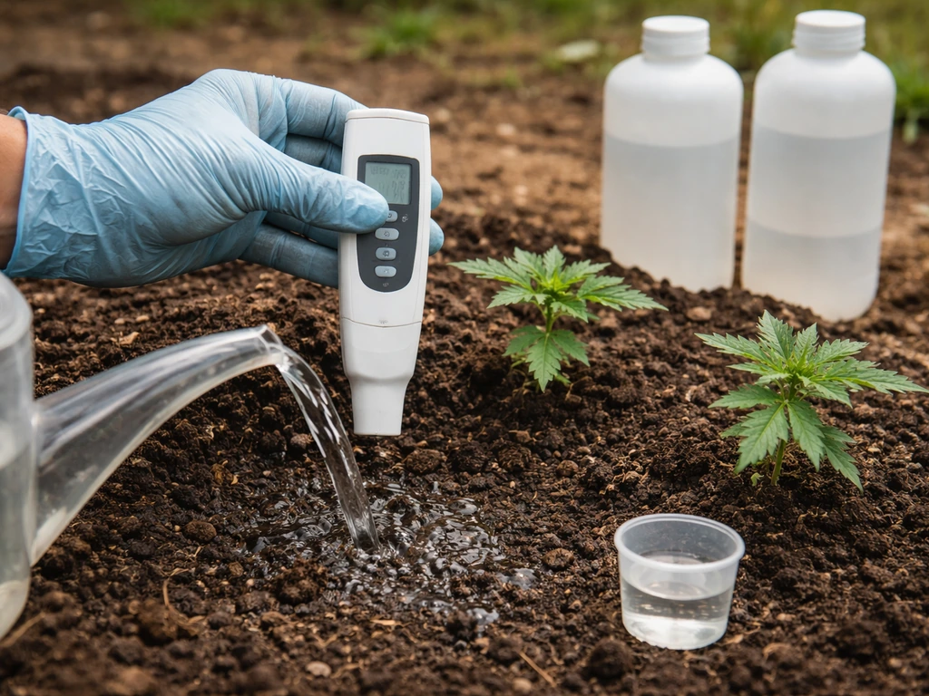 Close-up of a calibrated EC/ppm meter beside fertilizer bottles and a watering can over soil