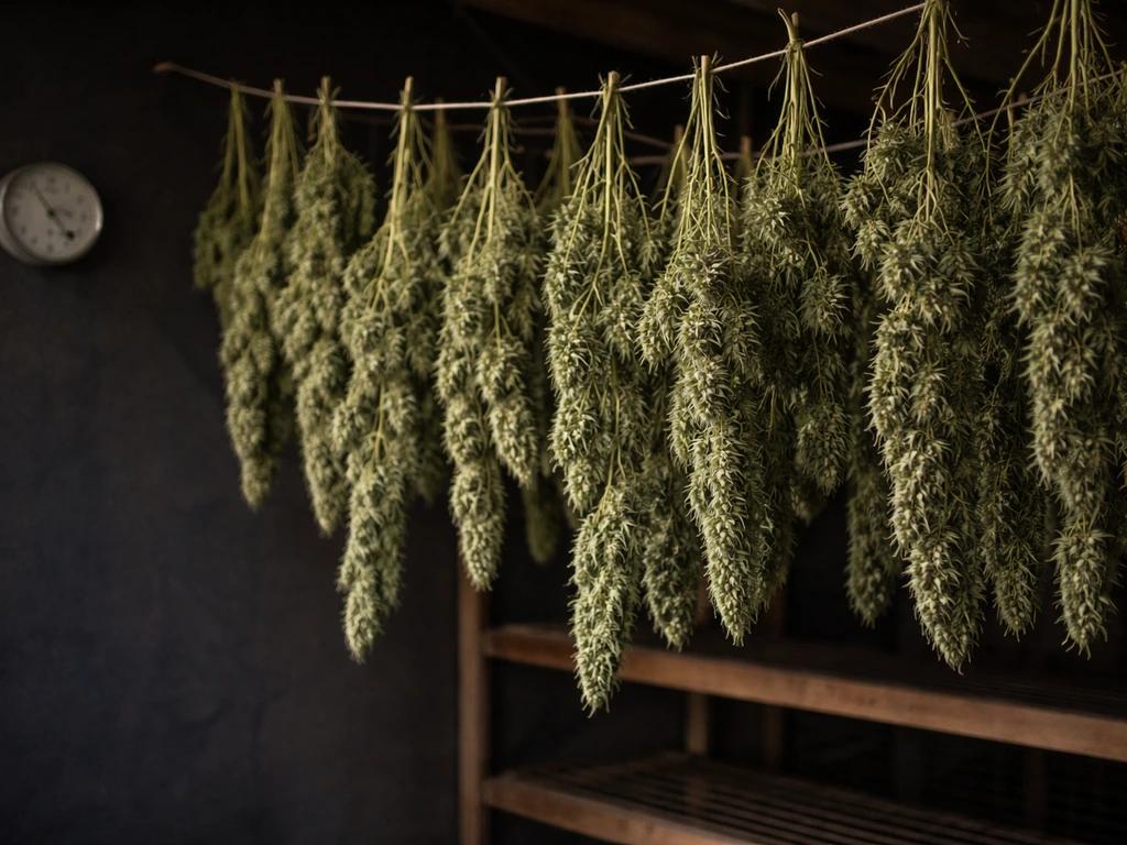 Hemp branches hanging to dry in a dark, ventilated room on simple racks