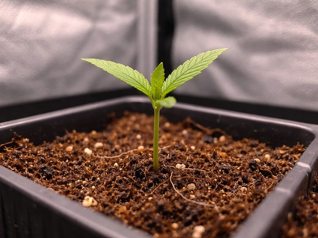 Close-up of a healthy cannabis seedling in a small indoor grow setup under soft light.