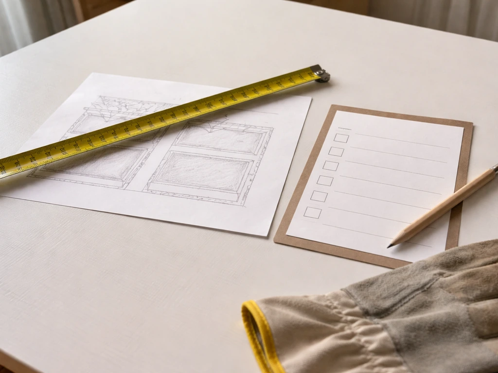 Measuring tape over a blank grow-area sketch and checklist card on a clean table.