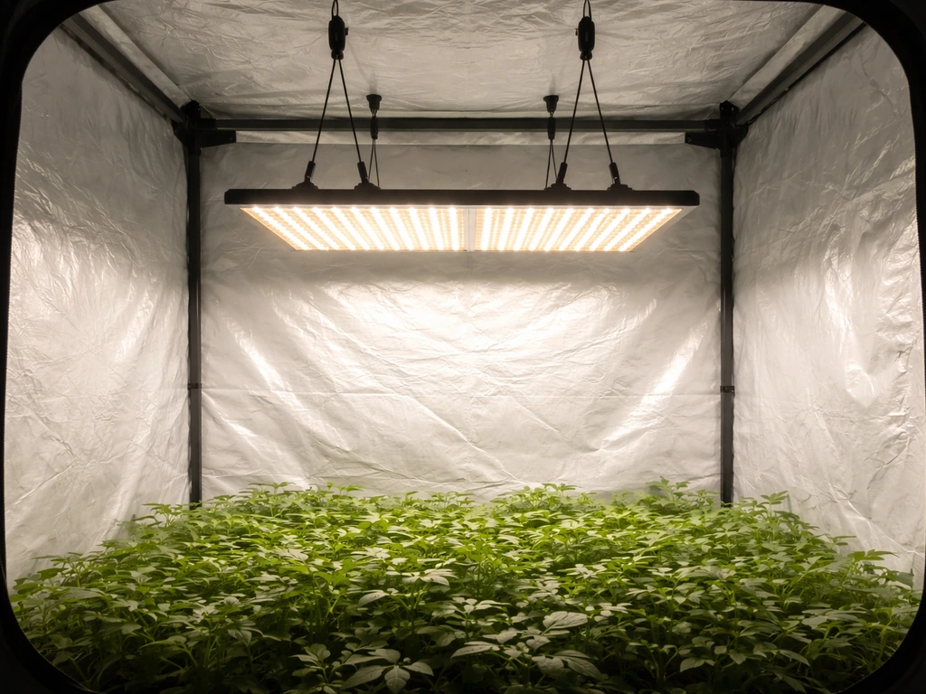 LED grow light hanging inside a 4x4 grow tent, illuminating the canopy with visible light spread.