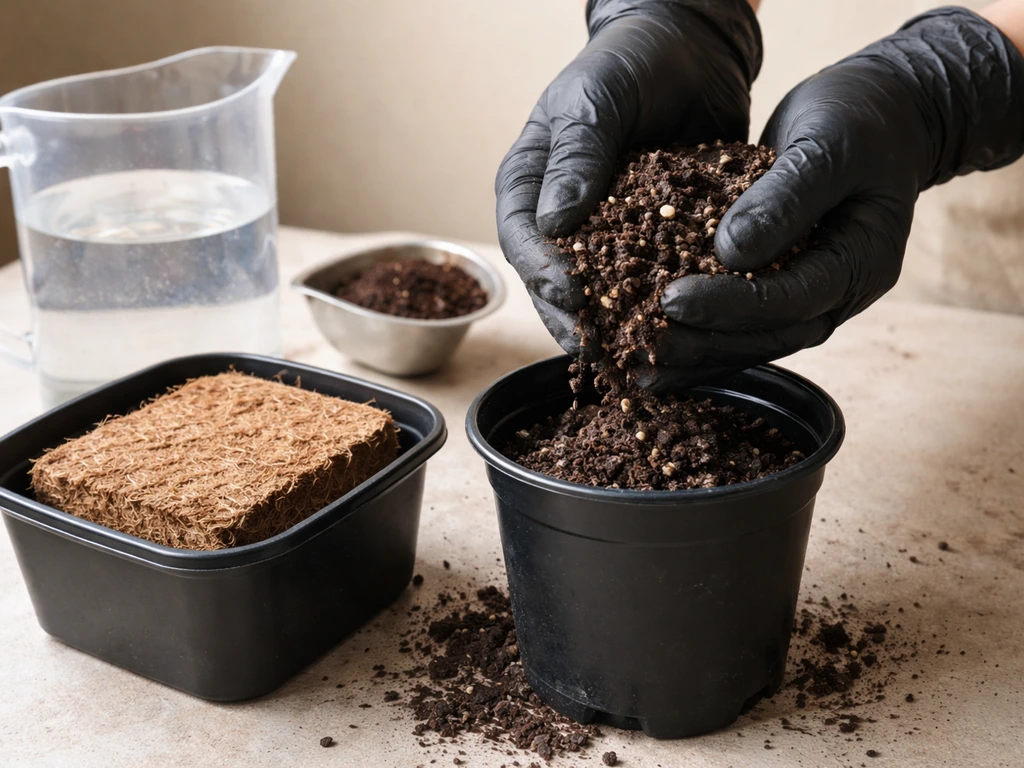 Gloved hands pouring potting mix into a small container beside a coco coir brick and an unlabeled water jug.