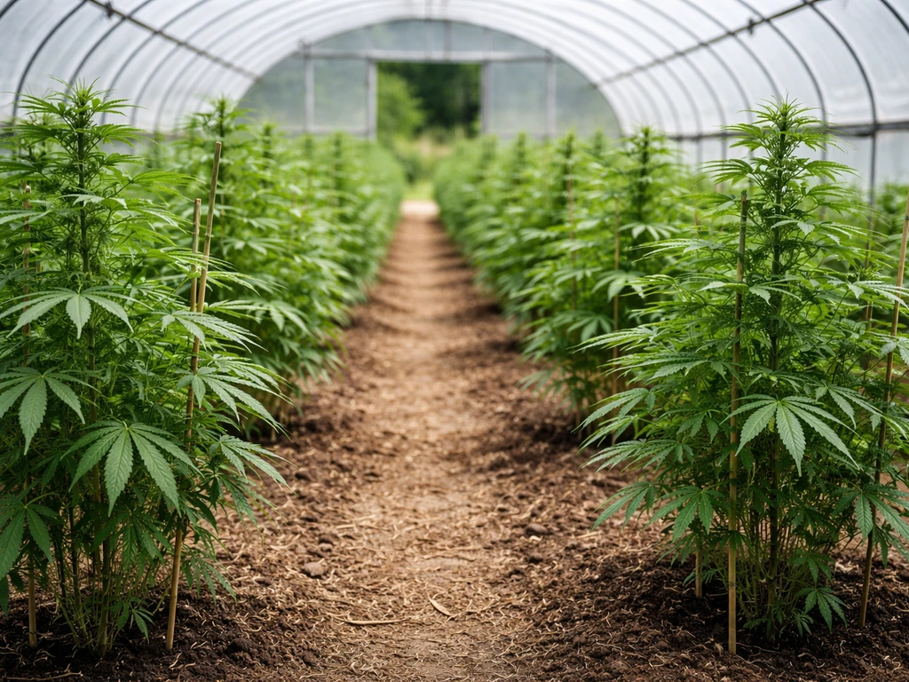 Greenhouse hemp plants in neat rows with stakes, healthy growth and natural light—seed to harvest farming.