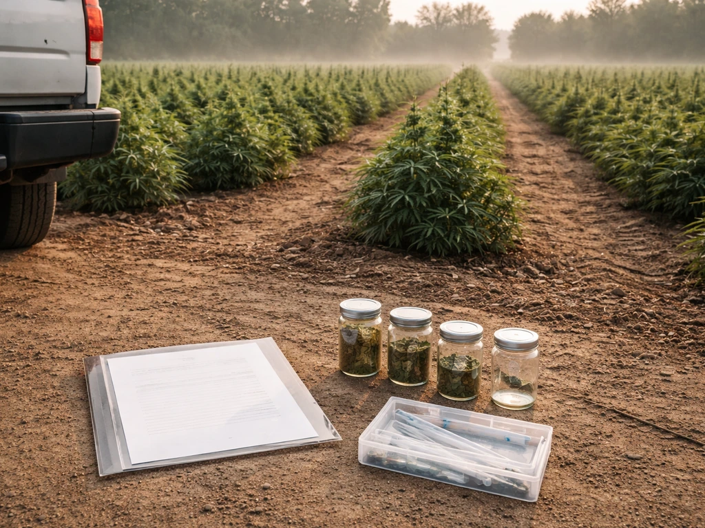 Hemp field with simple compliance documents and lab sampling jars beside a pickup truck