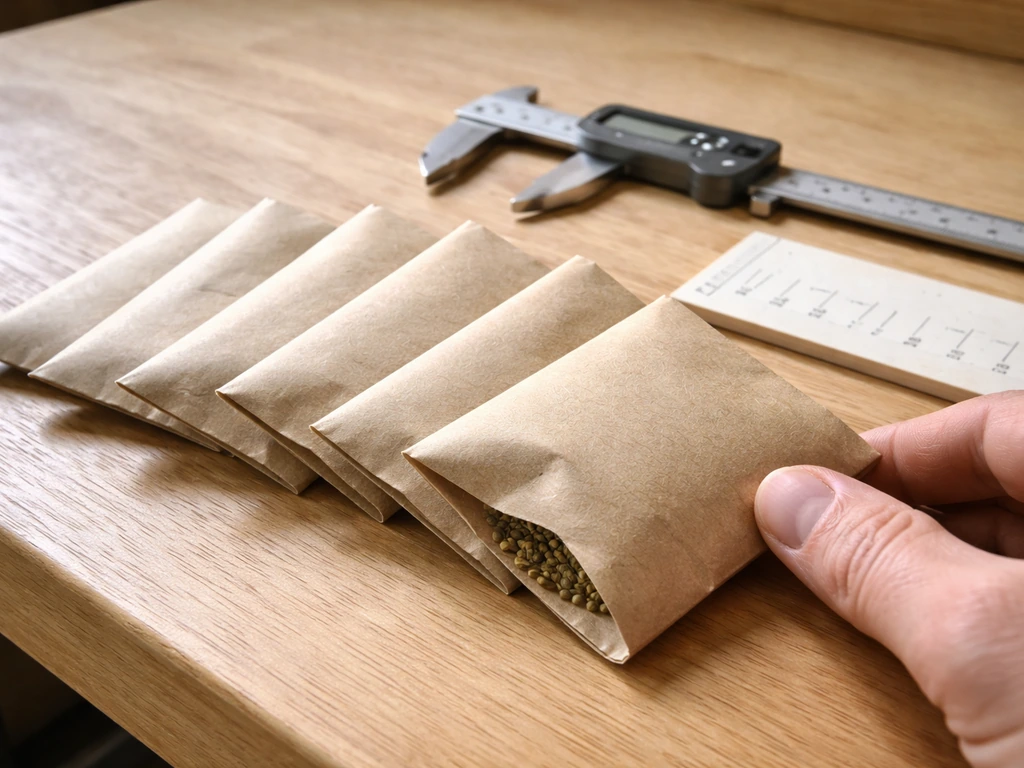 Hemp seed packets beside a handheld caliper and a simple measurement board on a wooden workbench.