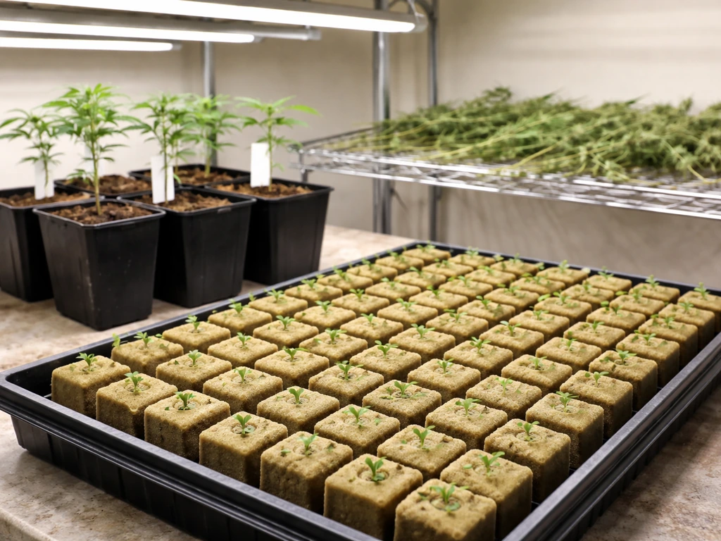 Staged hemp cultivation setup: germination/seedling tray transitioning to transplant blocks and a drying rack
