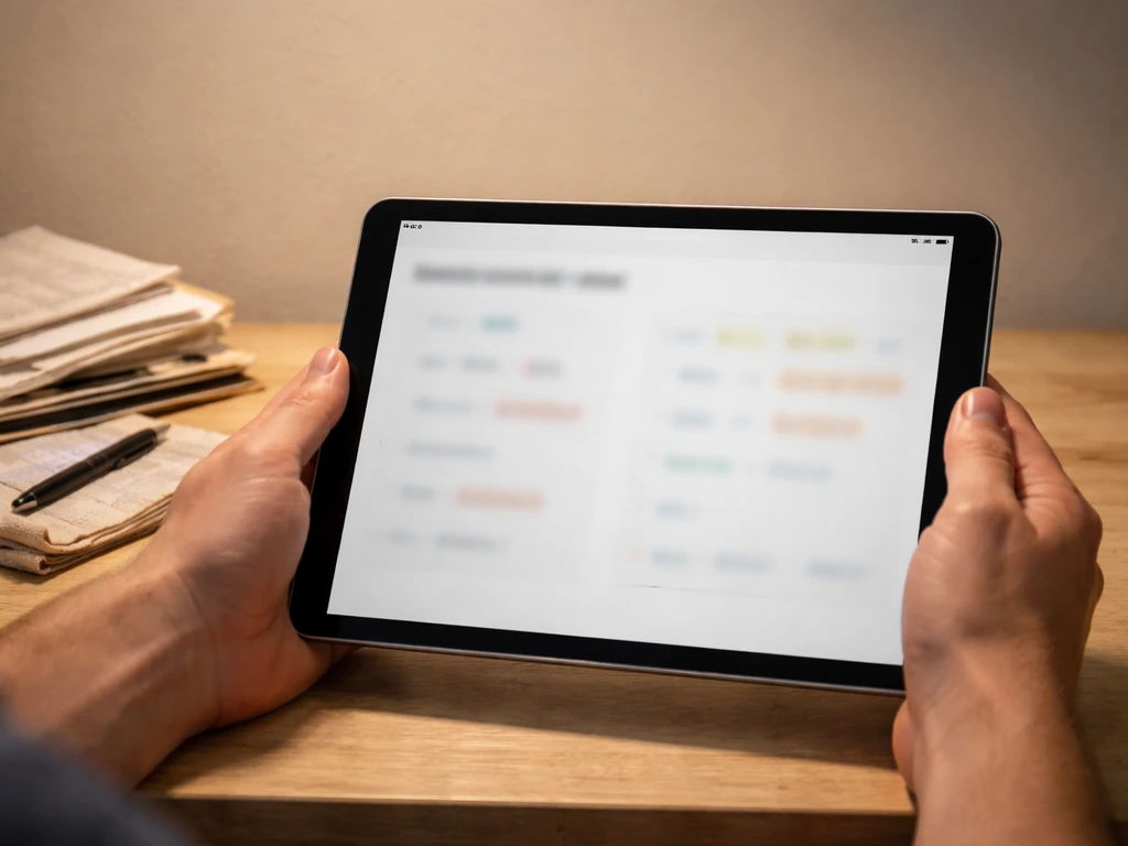 Hands holding a tablet showing harvest yield notes beside a small stack of utility and supply receipts