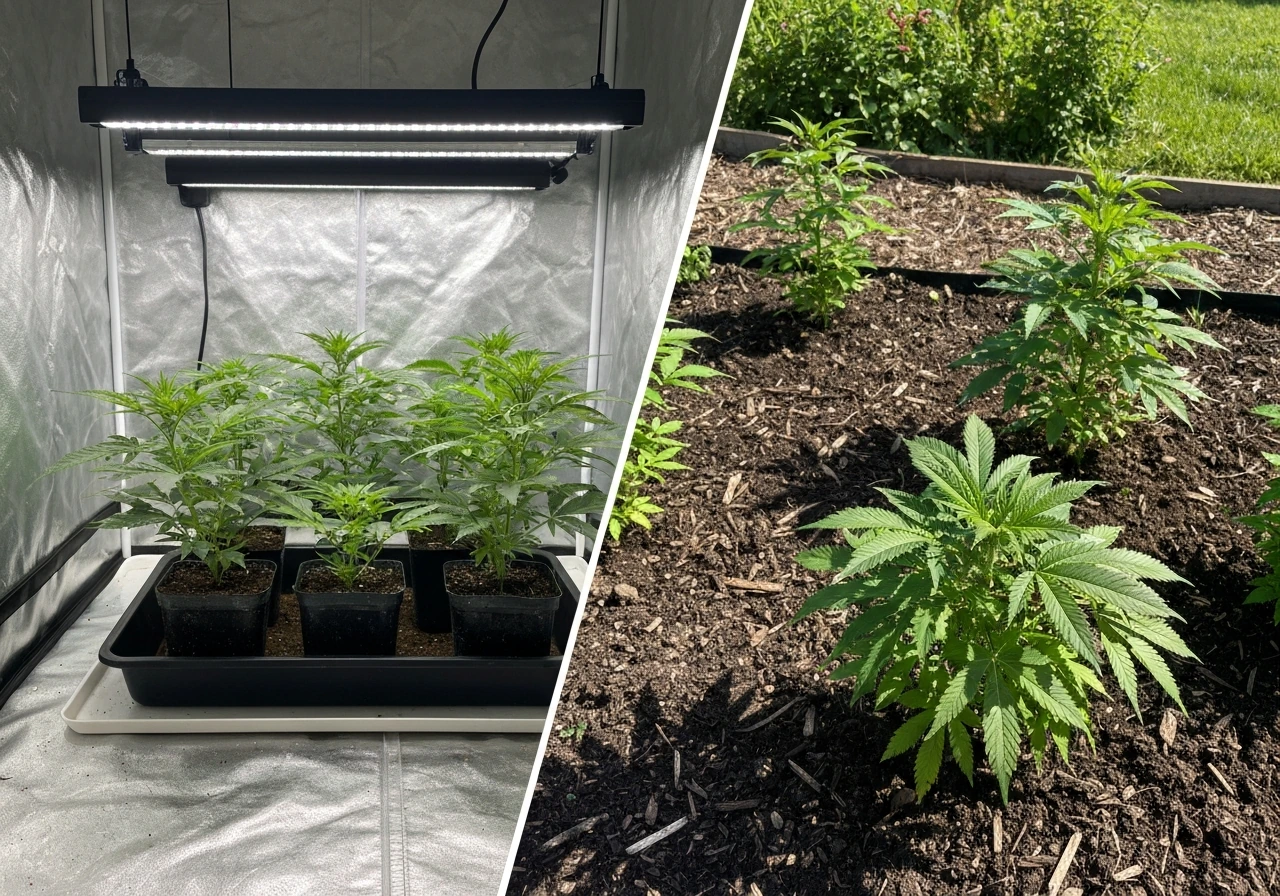 Split view of an indoor grow tent and an outdoor garden bed with cannabis plants at different growth stages.