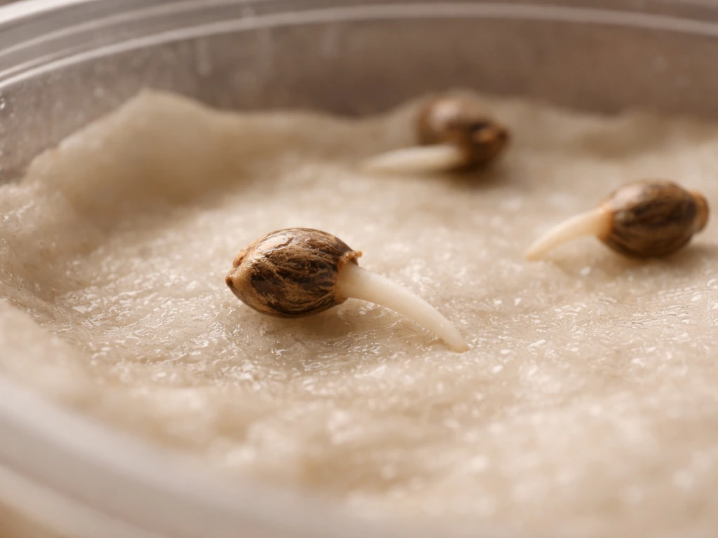 Close-up of cannabis seeds germinating on moist paper towel with tiny white taproots emerging.