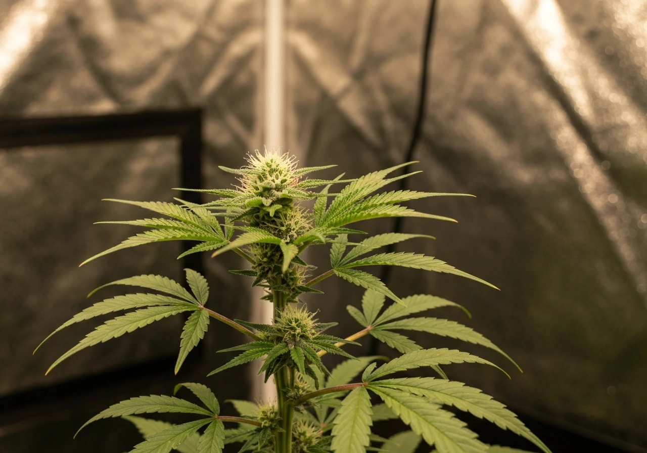 Indoor flowering plant with early bud sites and tiny white pistils under soft grow light glow.
