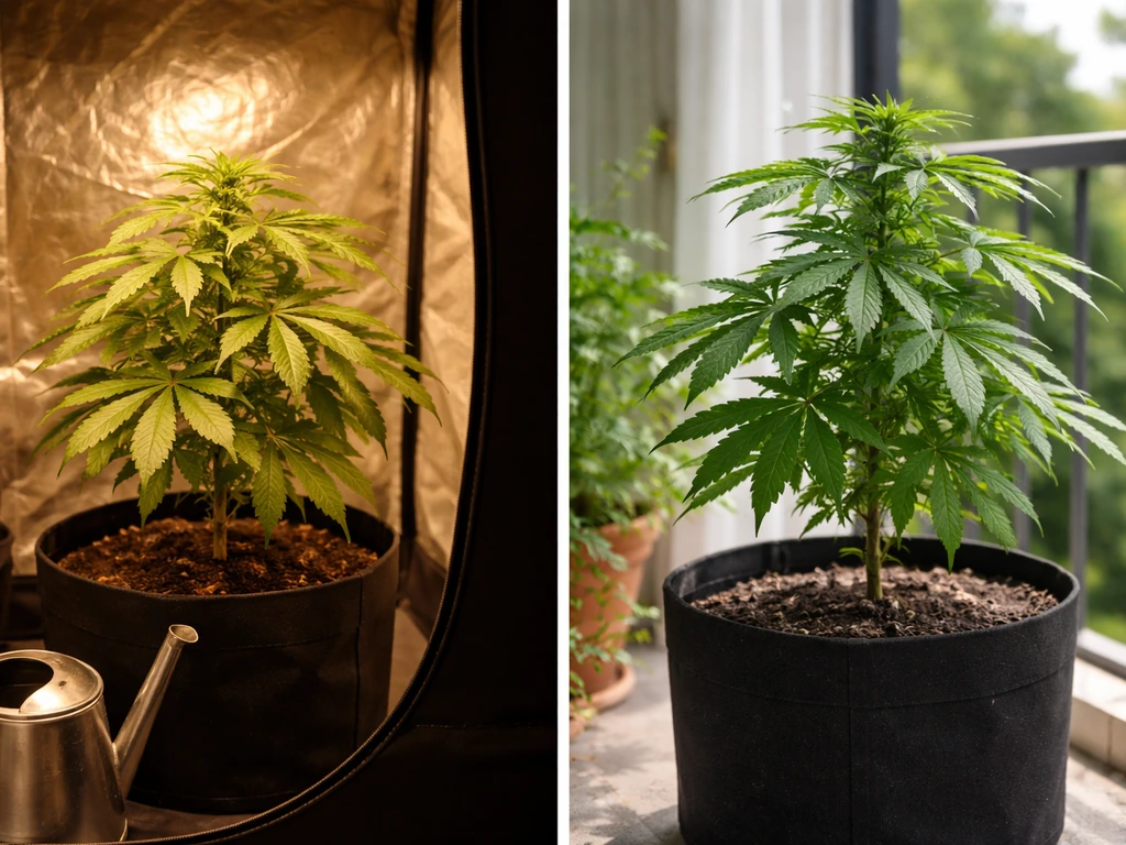 Minimal photo of a grow light on a desk beside outdoor plants, suggesting indoor vs outdoor timelines