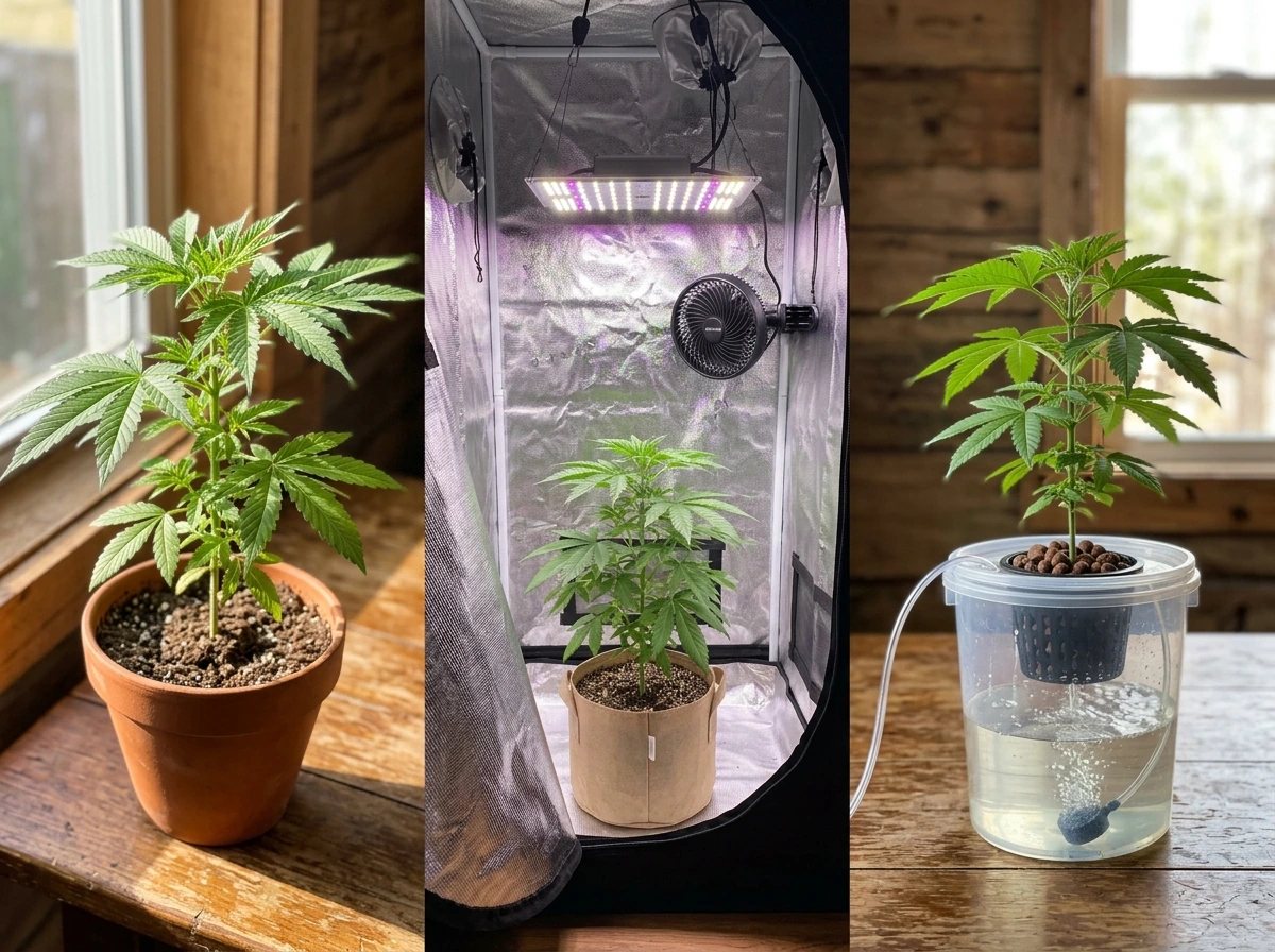 Three-panel view of outdoor soil, indoor LED, and hydroponic cannabis growth methods