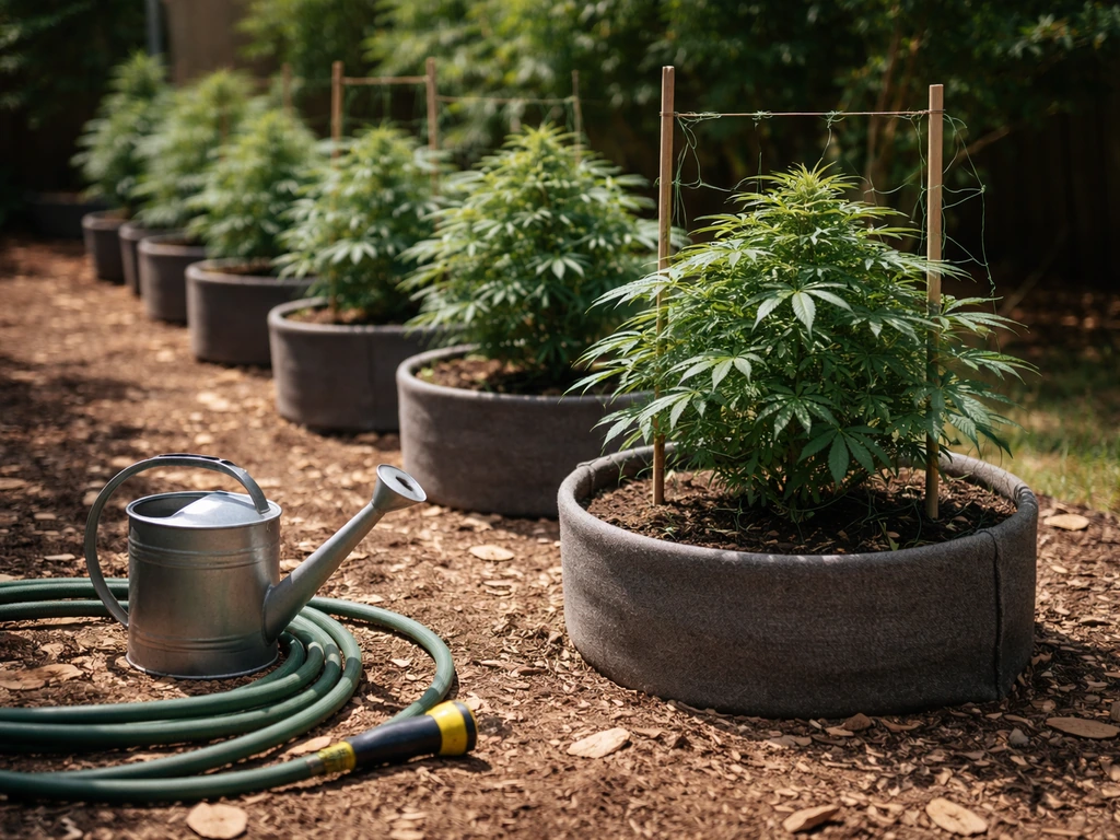 Sunlit backyard containers with autoflower plants supported by stakes and netting, with watering tools nearby.