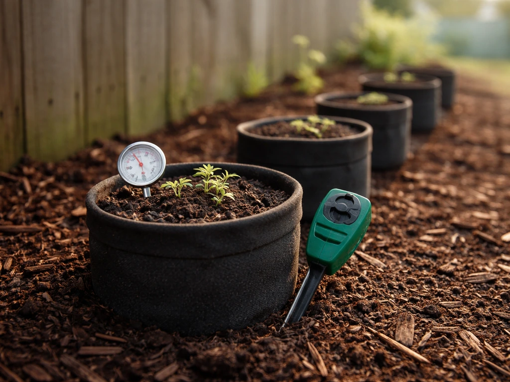 Autoflower pots outdoors with a small soil moisture check and thermometer beside them for safe starting conditions