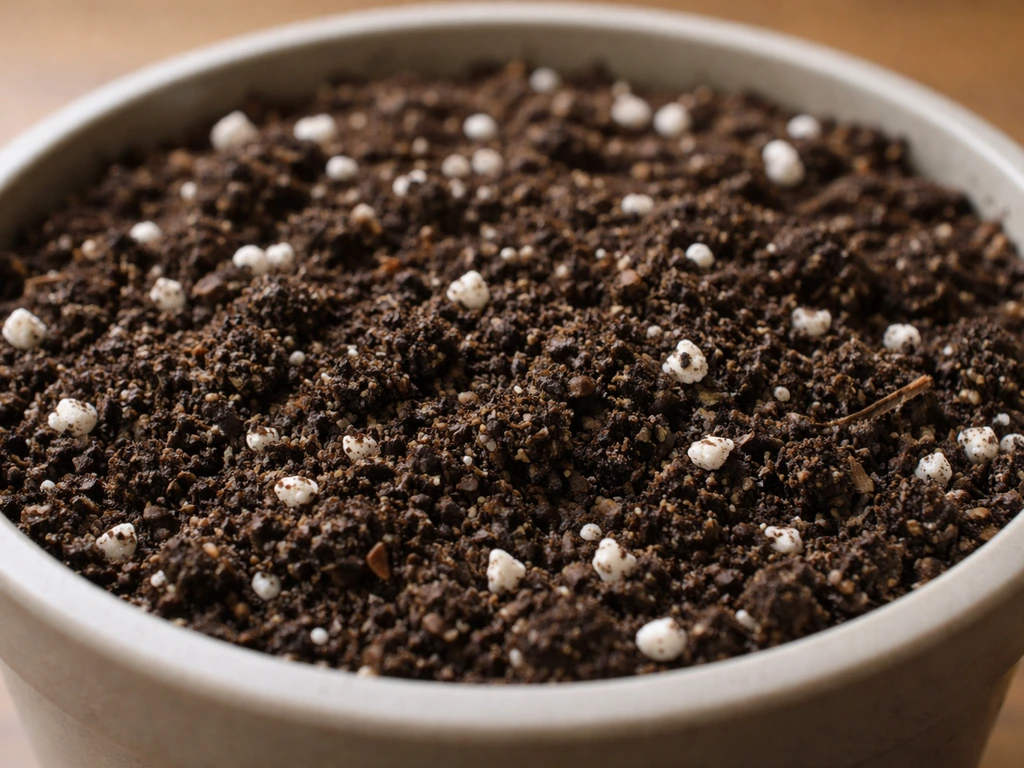 Close-up of fluffy amended potting soil with perlite in a container, showing aeration and drainage texture.