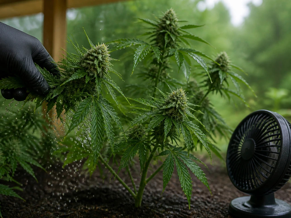 Gloved hand gently shakes wet flowering buds while an airflow fan improves circulation in a simple garden.