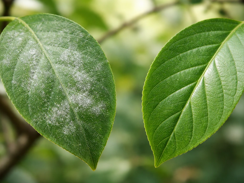 Split-view close-up of a plant leaf with early white powdery mildew next to a healthy leaf surface.