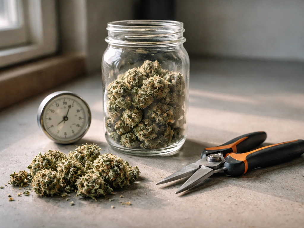Trimmed cannabis buds going into partially filled mason jars with a visible hygrometer nearby.