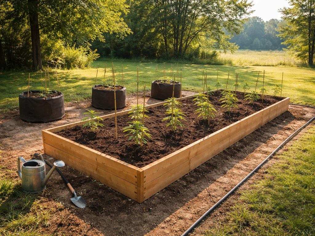 Outdoor raised beds and containers with young cannabis plants in a sunny Virginia backyard under a clear sky.