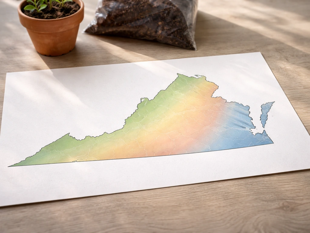 Virginia outline on a tabletop with subtle colored climate-zone overlays for coastal to highland regions.