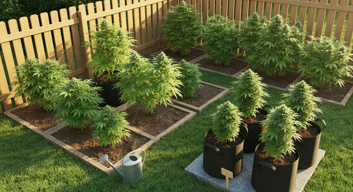 Outdoor cannabis plants growing in a private backyard, mix of pots and in-ground beds under warm summer sunlight, no people.