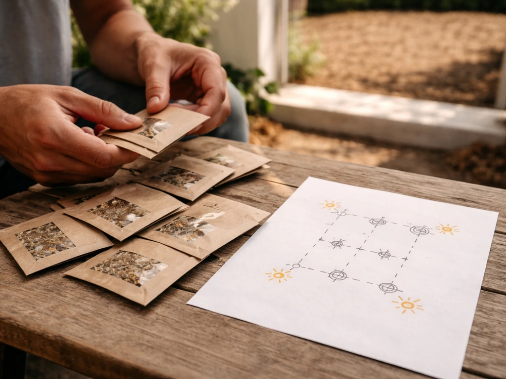 Hands arranging seed packets beside a simple outdoor grow-site layout with sun markers
