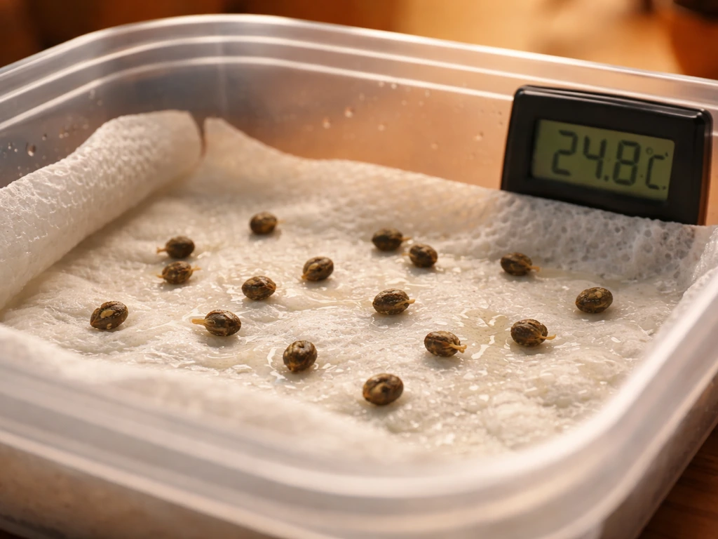 Cannabis seeds between damp paper towels in a warm indoor setup with thermometer visible nearby.