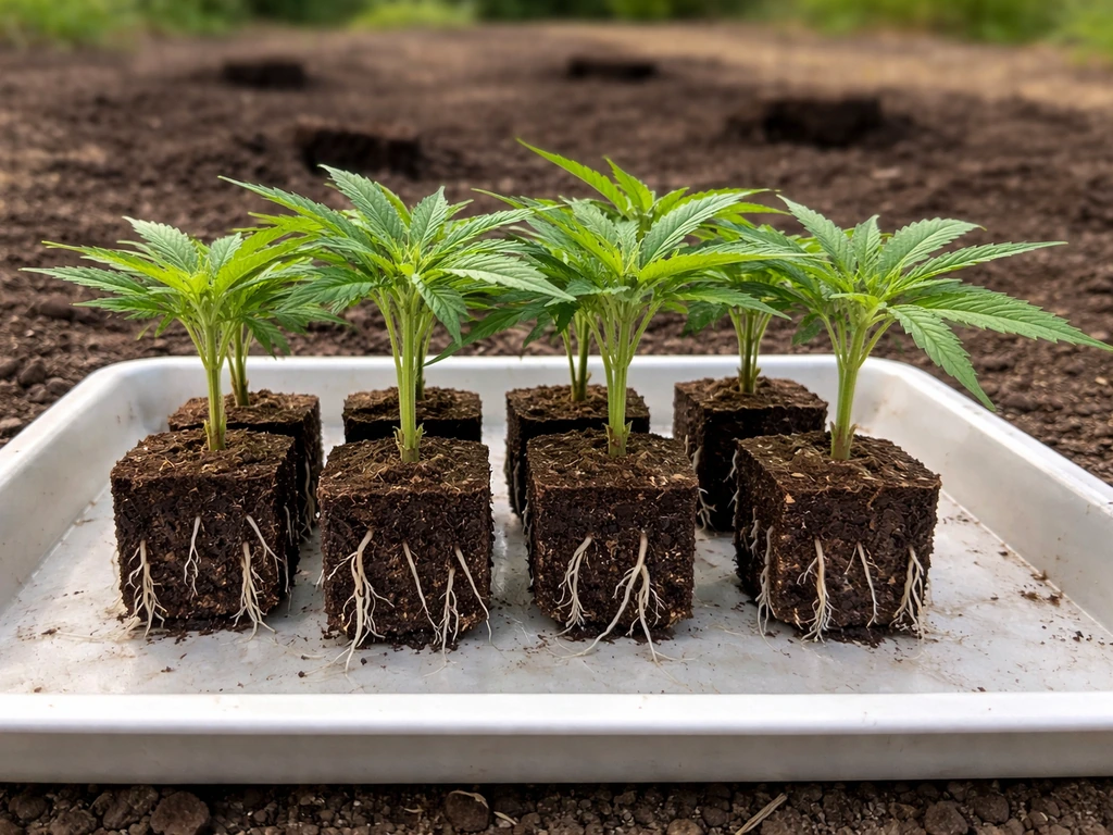 Rooted cannabis cuttings in small plugs with visible white roots beside an outdoor planting bed