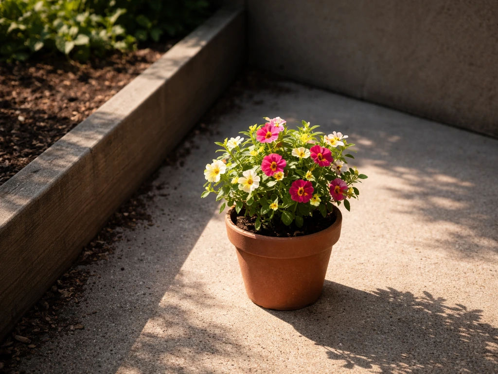 Potted plant near a raised bed with strong morning sun and clear afternoon-like shadow contrast.
