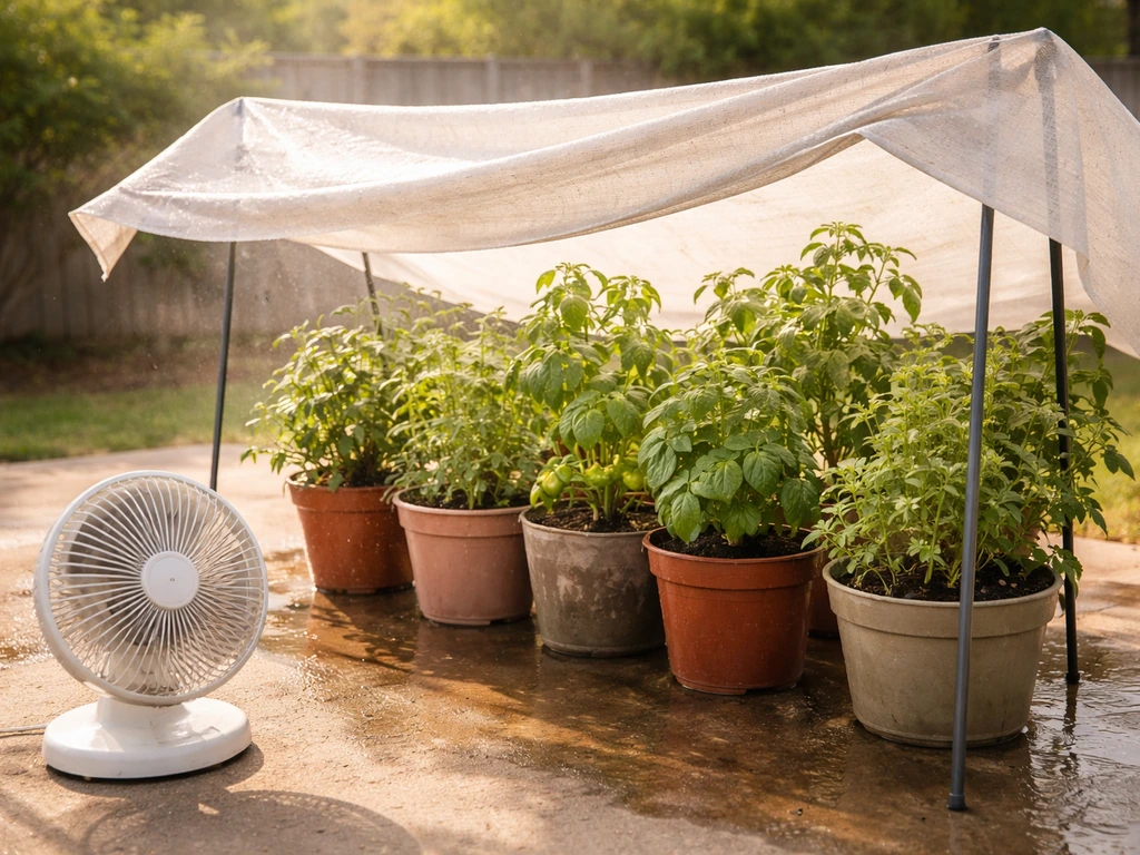 Container plants under a simple partial shade cloth with a ventilation fan in warm, humid outdoor light.