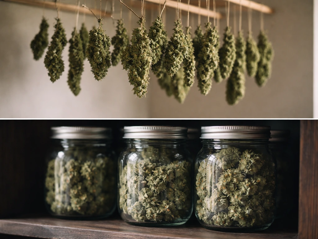 Harvested cannabis buds drying on racks, then curing in mason jars in a dark, cool storage setting.