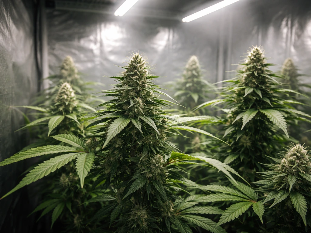 Healthy Sour Diesel cannabis plants thriving inside a grow tent under bright light beams